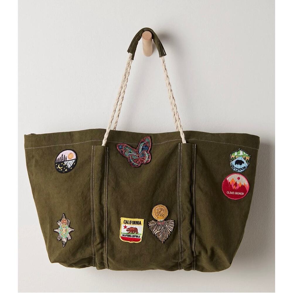 NWOT Free People Been There Badge Canvas Tote XL Olive Green Stitched Patches